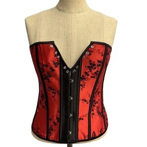 Women XL Red Black Corset Top Asian Cherry Blossom Goth Punk Ren Faire Wenchcore